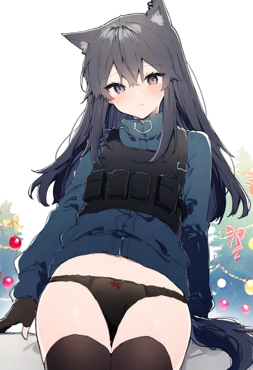 ((ikeuchi tanuma)), - 1girl,texas \(arknights\),arknights,underwear,tactical vest,christmas tree,christmas ornaments,