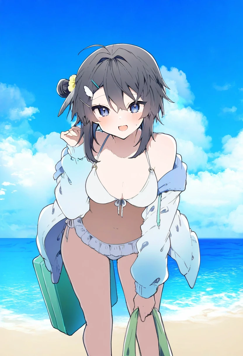 ((ikeuchi tanuma)), - 1girl,la pluma \(summer flowers\) \(arknights\),arknights,white bikini,outdoors,navel,day,sky,blue sky,beach,suitcase,looking at viewer,ocean,low-tied long hair,leaning forward,standing,holding,frills,hand up,bare shoulders,floating hair,