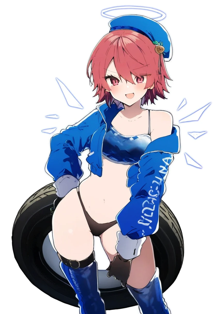 ((ikeuchi tanuma)), - 1girl,exusiai \(arknights\),arknights,black gloves,black panties,blue thigh boots,blue hat,blue jacket,long sleeves,race queen,thigh strap,thong,single bare shoulder,skindentation,tire,