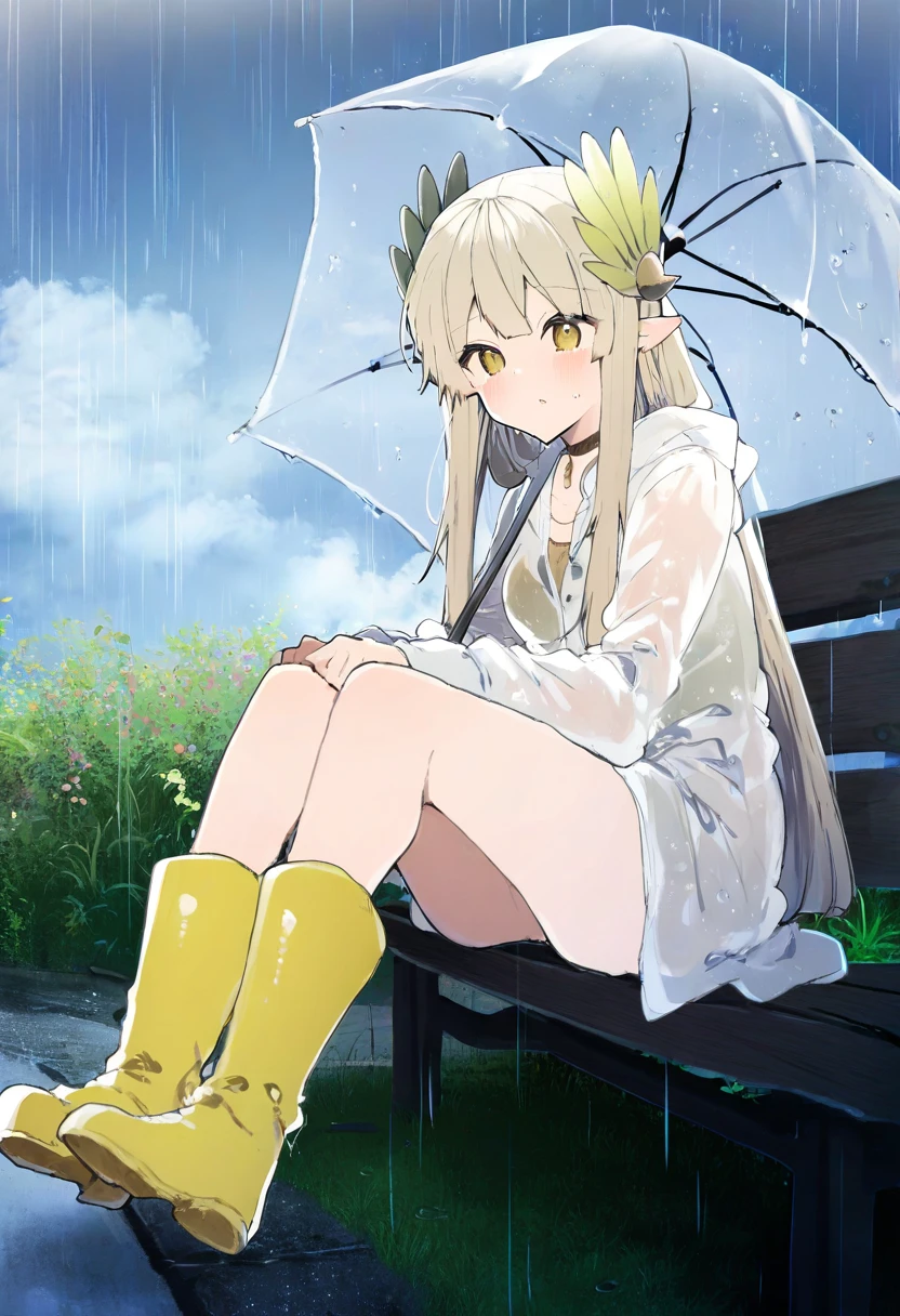 ((ikeuchi tanuma)), - 1girl,muelsyse \(arknights\),arknights,cloudy sky,grass,on bench,outdoors,rain,road,yellow rubber boots,see-through coat,sitting,transparent raincoat,water drop,