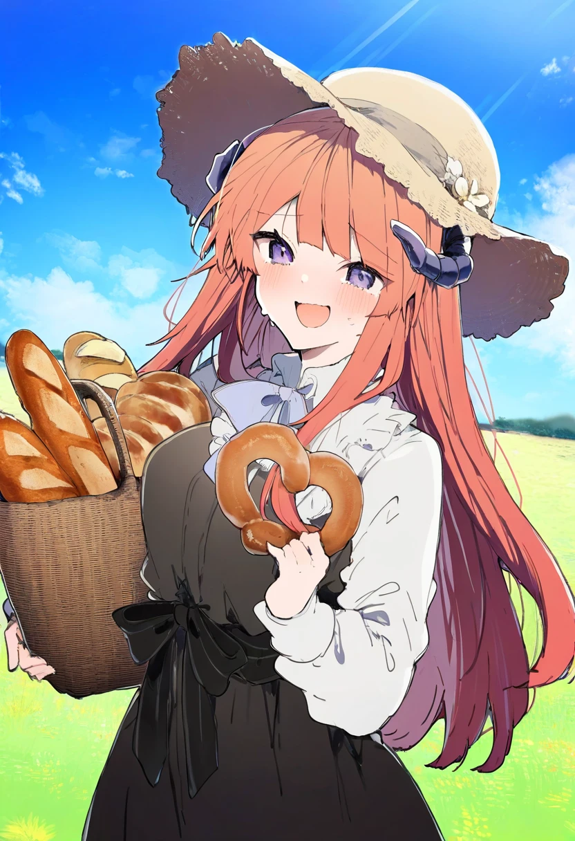 ((ikeuchi tanuma)), - 1girl,bagpipe \(arknights\),arknights,baguette,blush,bread,croissant,holding basket,pretzel,upper body,straw hat,field,sky,laughing,sweat,sunlight,