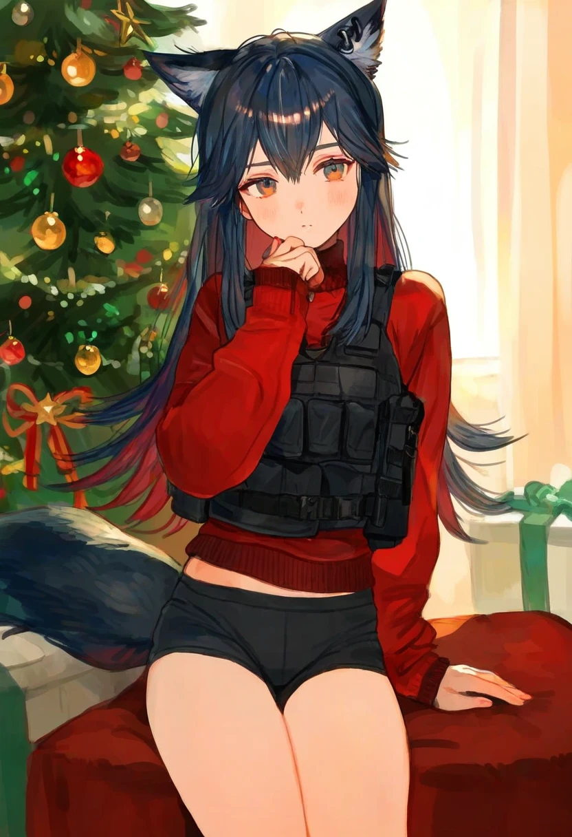 ((kuzuvine)), - 1girl,texas \(arknights\),arknights,underwear,tactical vest,christmas tree,christmas ornaments,