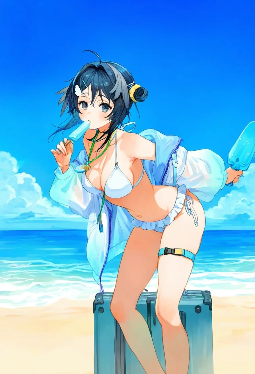 ((kuzuvine)), - 1girl,la pluma \(summer flowers\) \(arknights\),arknights,white bikini,outdoors,navel,day,sky,blue sky,beach,suitcase,looking at viewer,ocean,low-tied long hair,leaning forward,standing,holding,frills,hand up,bare shoulders,floating hair,
