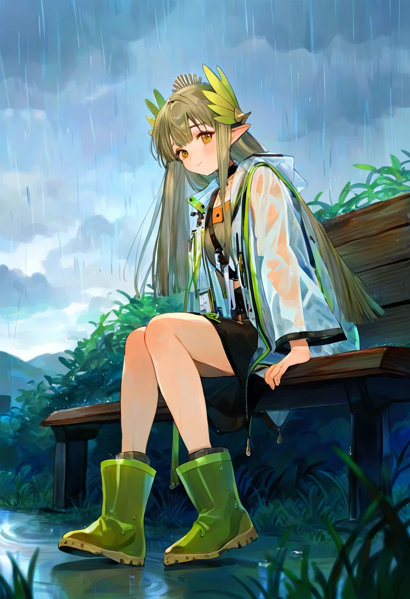 ((kuzuvine)), - 1girl,muelsyse \(arknights\),arknights,cloudy sky,grass,on bench,outdoors,rain,road,yellow rubber boots,see-through coat,sitting,transparent raincoat,water drop,
