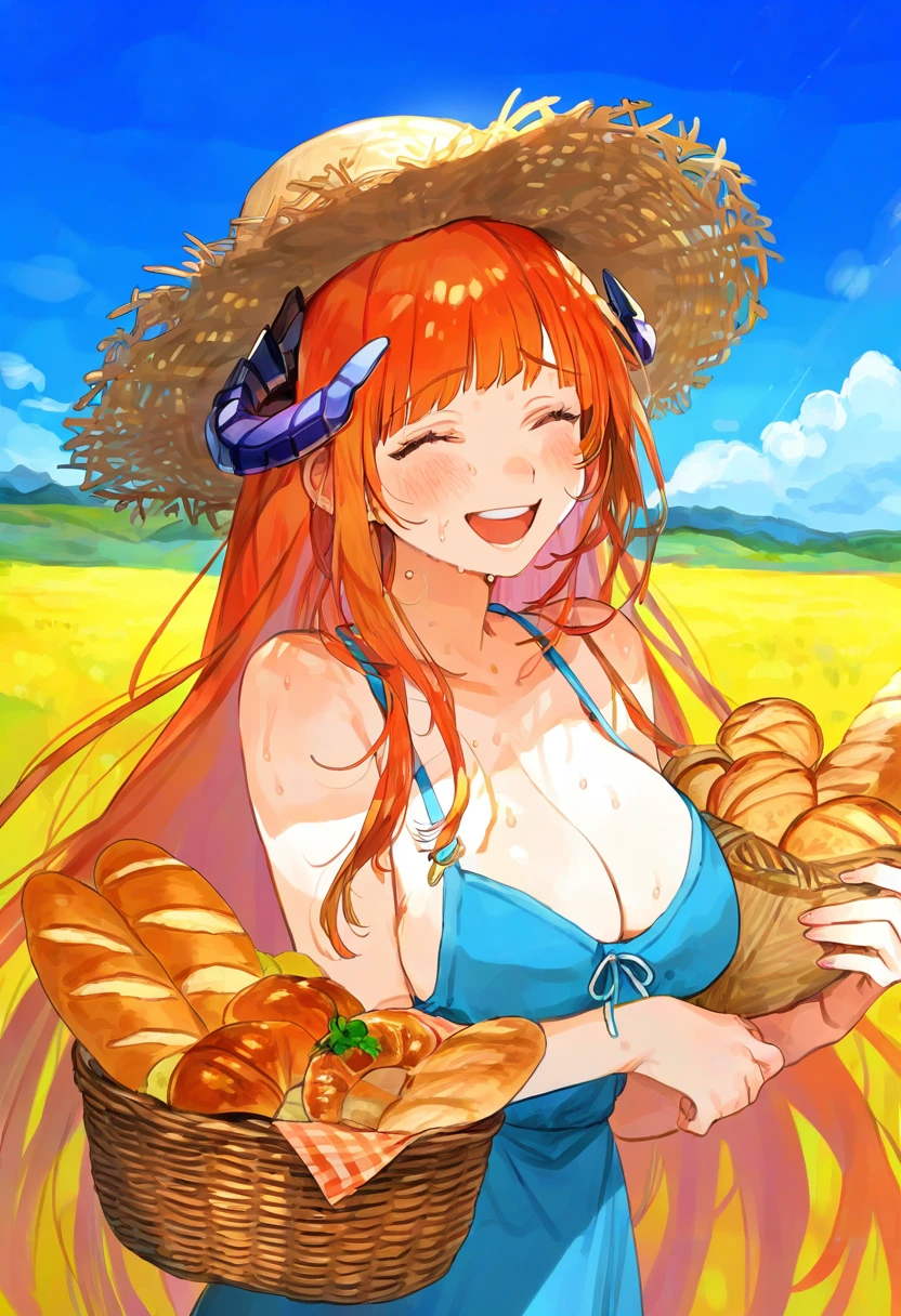 ((kuzuvine)), - 1girl,bagpipe \(arknights\),arknights,baguette,blush,bread,croissant,holding basket,pretzel,upper body,straw hat,field,sky,laughing,sweat,sunlight,