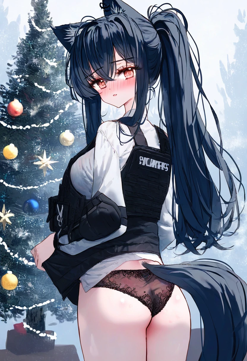 tandohark, - 1girl,texas \(arknights\),arknights,underwear,tactical vest,christmas tree,christmas ornaments,
