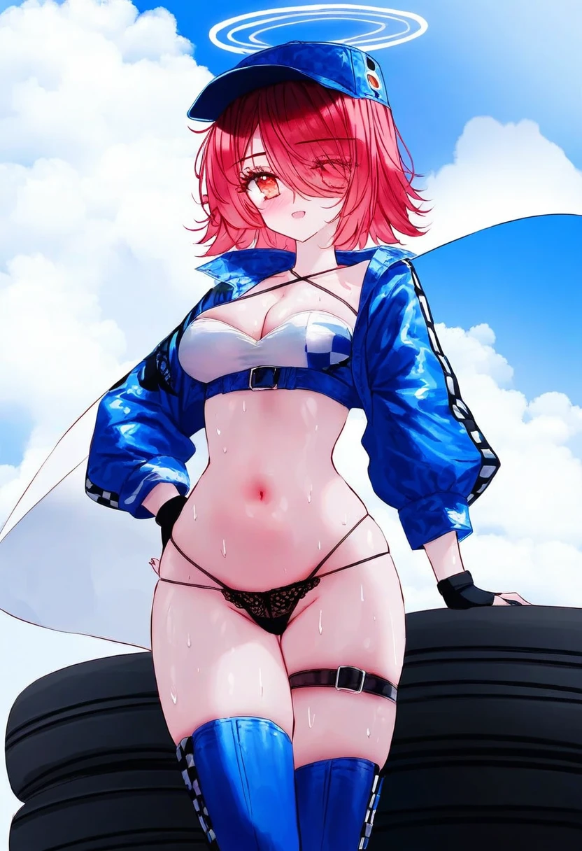 tandohark, - 1girl,exusiai \(arknights\),arknights,black gloves,black panties,blue thigh boots,blue hat,blue jacket,long sleeves,race queen,thigh strap,thong,single bare shoulder,skindentation,tire,