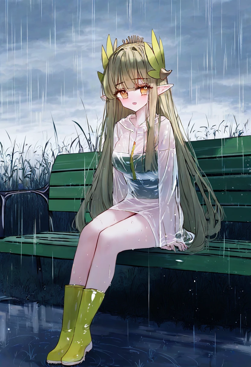 tandohark, - 1girl,muelsyse \(arknights\),arknights,cloudy sky,grass,on bench,outdoors,rain,road,yellow rubber boots,see-through coat,sitting,transparent raincoat,water drop,