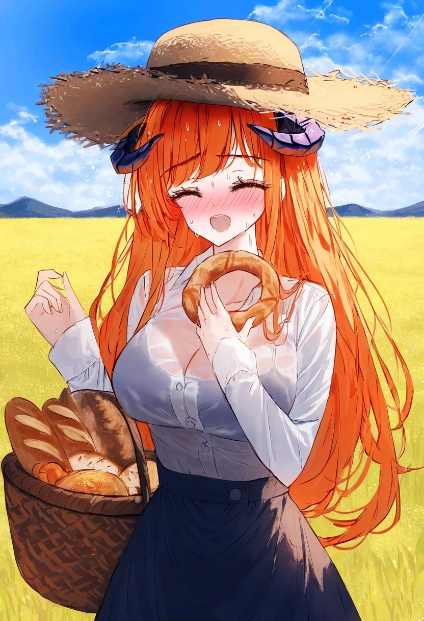 tandohark, - 1girl,bagpipe \(arknights\),arknights,baguette,blush,bread,croissant,holding basket,pretzel,upper body,straw hat,field,sky,laughing,sweat,sunlight,