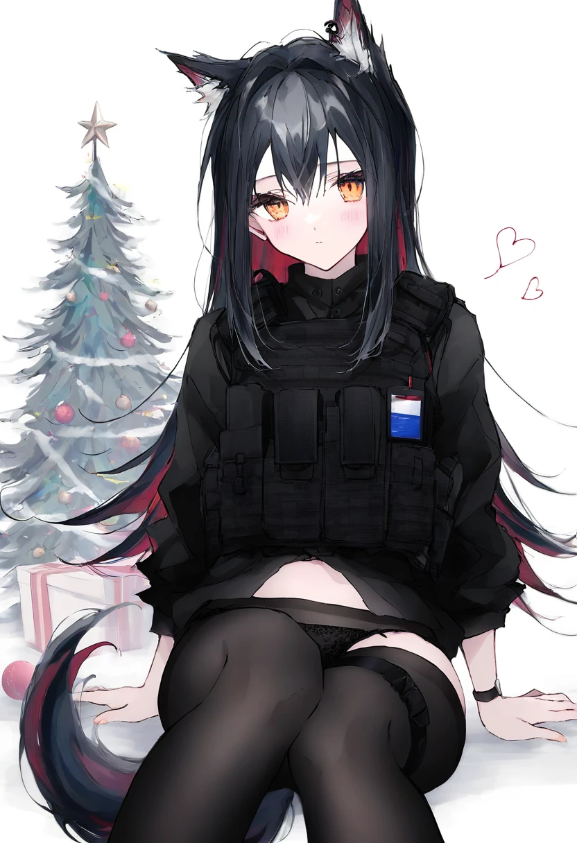 ((mashiro shiki)), - 1girl,texas \(arknights\),arknights,underwear,tactical vest,christmas tree,christmas ornaments,
