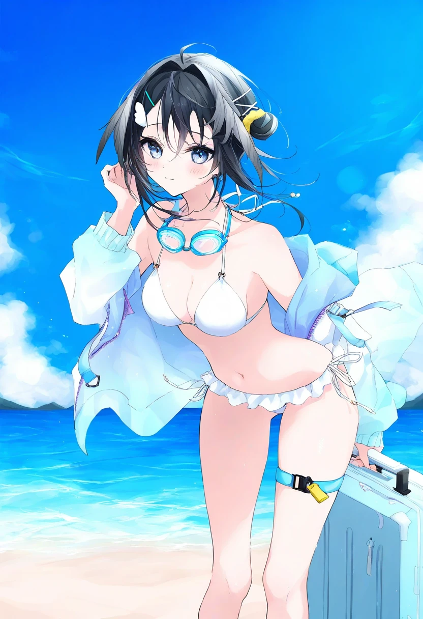 ((mashiro shiki)), - 1girl,la pluma \(summer flowers\) \(arknights\),arknights,white bikini,outdoors,navel,day,sky,blue sky,beach,suitcase,looking at viewer,ocean,low-tied long hair,leaning forward,standing,holding,frills,hand up,bare shoulders,floating hair,