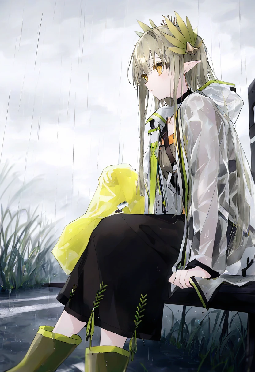((mashiro shiki)), - 1girl,muelsyse \(arknights\),arknights,cloudy sky,grass,on bench,outdoors,rain,road,yellow rubber boots,see-through coat,sitting,transparent raincoat,water drop,