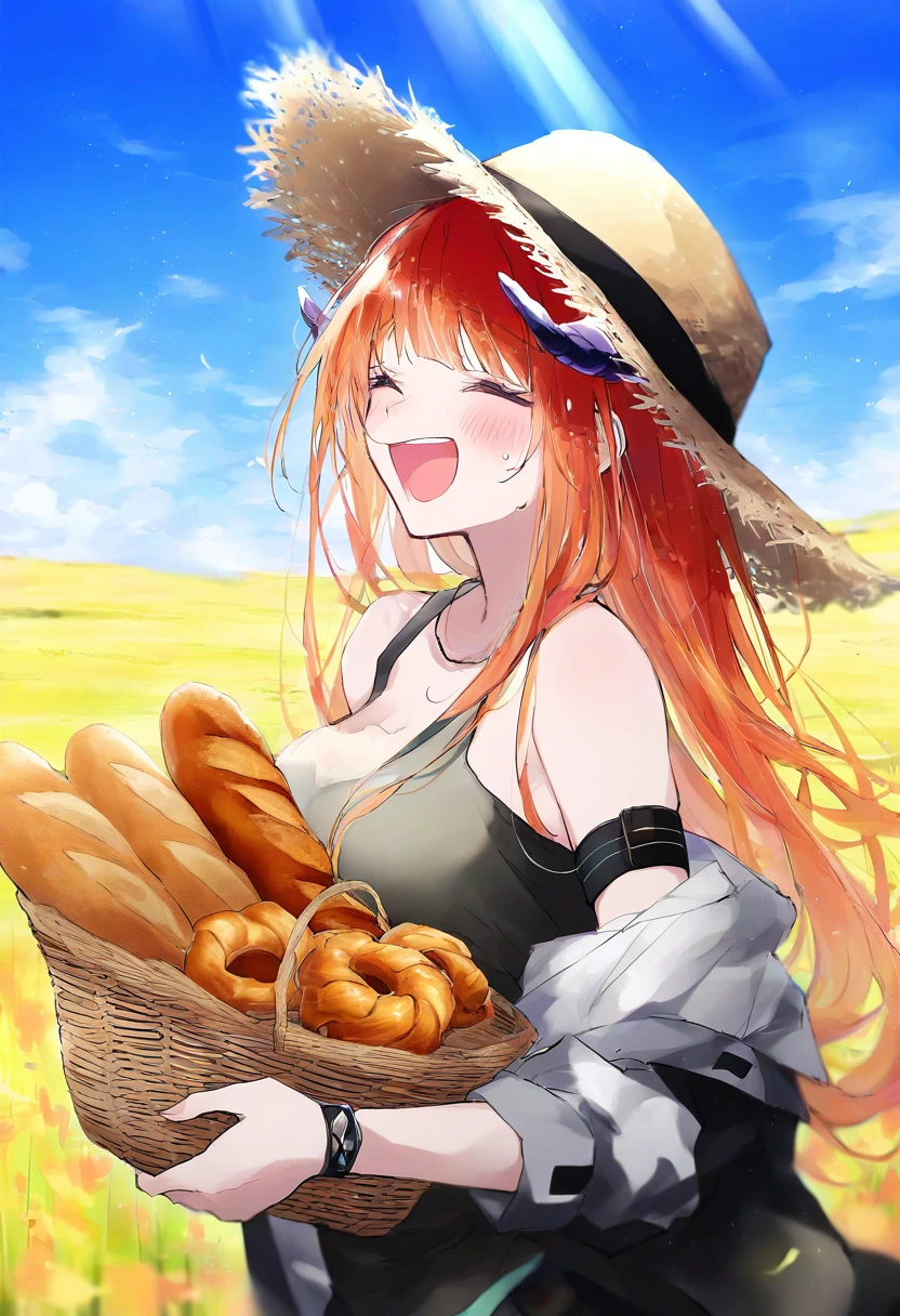 ((mashiro shiki)), - 1girl,bagpipe \(arknights\),arknights,baguette,blush,bread,croissant,holding basket,pretzel,upper body,straw hat,field,sky,laughing,sweat,sunlight,
