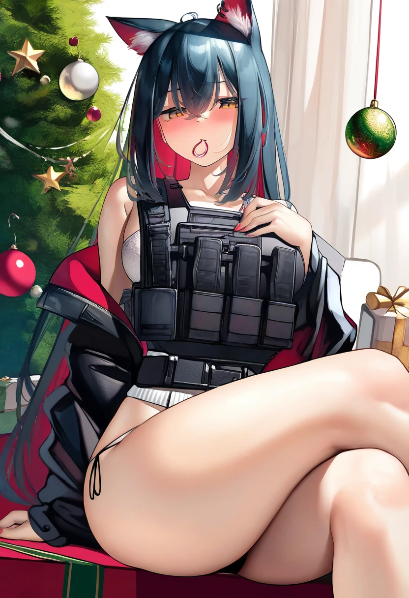 ((meion)), - 1girl,texas \(arknights\),arknights,underwear,tactical vest,christmas tree,christmas ornaments,