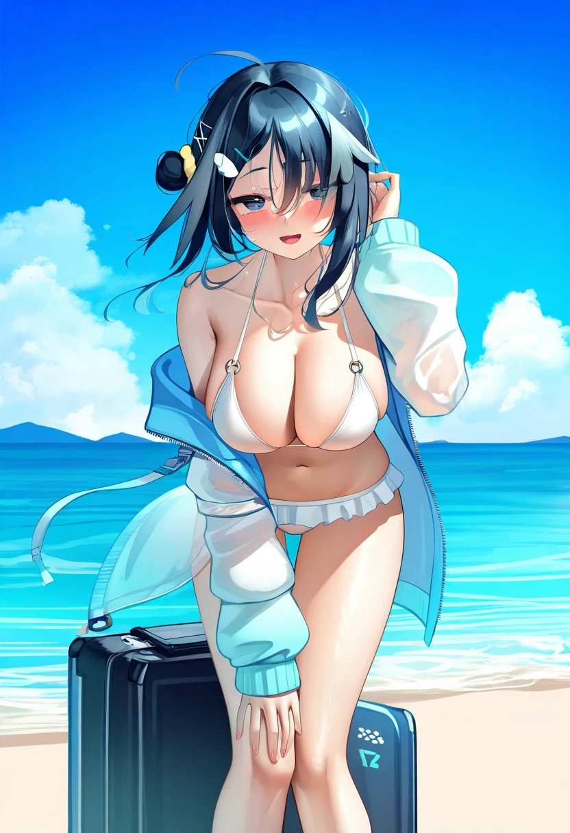 ((meion)), - 1girl,la pluma \(summer flowers\) \(arknights\),arknights,white bikini,outdoors,navel,day,sky,blue sky,beach,suitcase,looking at viewer,ocean,low-tied long hair,leaning forward,standing,holding,frills,hand up,bare shoulders,floating hair,