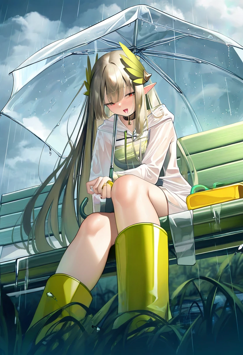 ((meion)), - 1girl,muelsyse \(arknights\),arknights,cloudy sky,grass,on bench,outdoors,rain,road,yellow rubber boots,see-through coat,sitting,transparent raincoat,water drop,