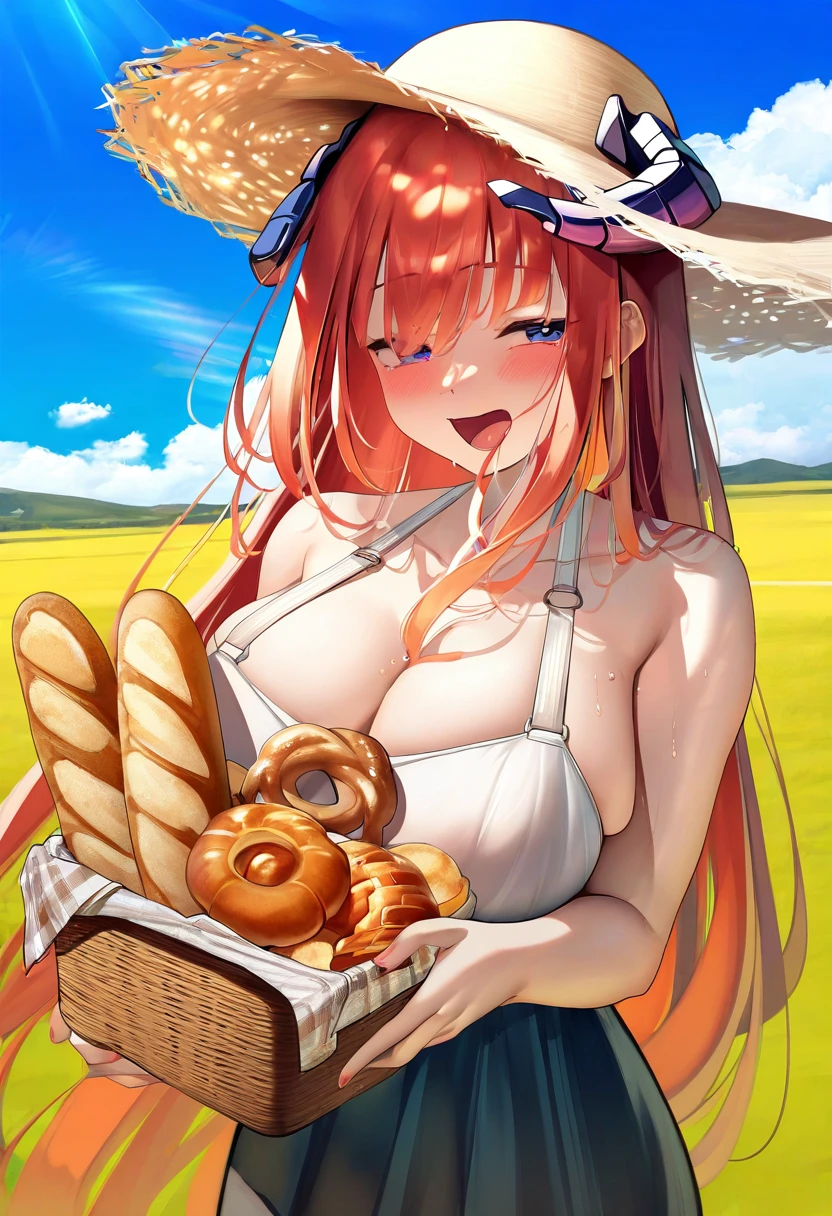 ((meion)), - 1girl,bagpipe \(arknights\),arknights,baguette,blush,bread,croissant,holding basket,pretzel,upper body,straw hat,field,sky,laughing,sweat,sunlight,
