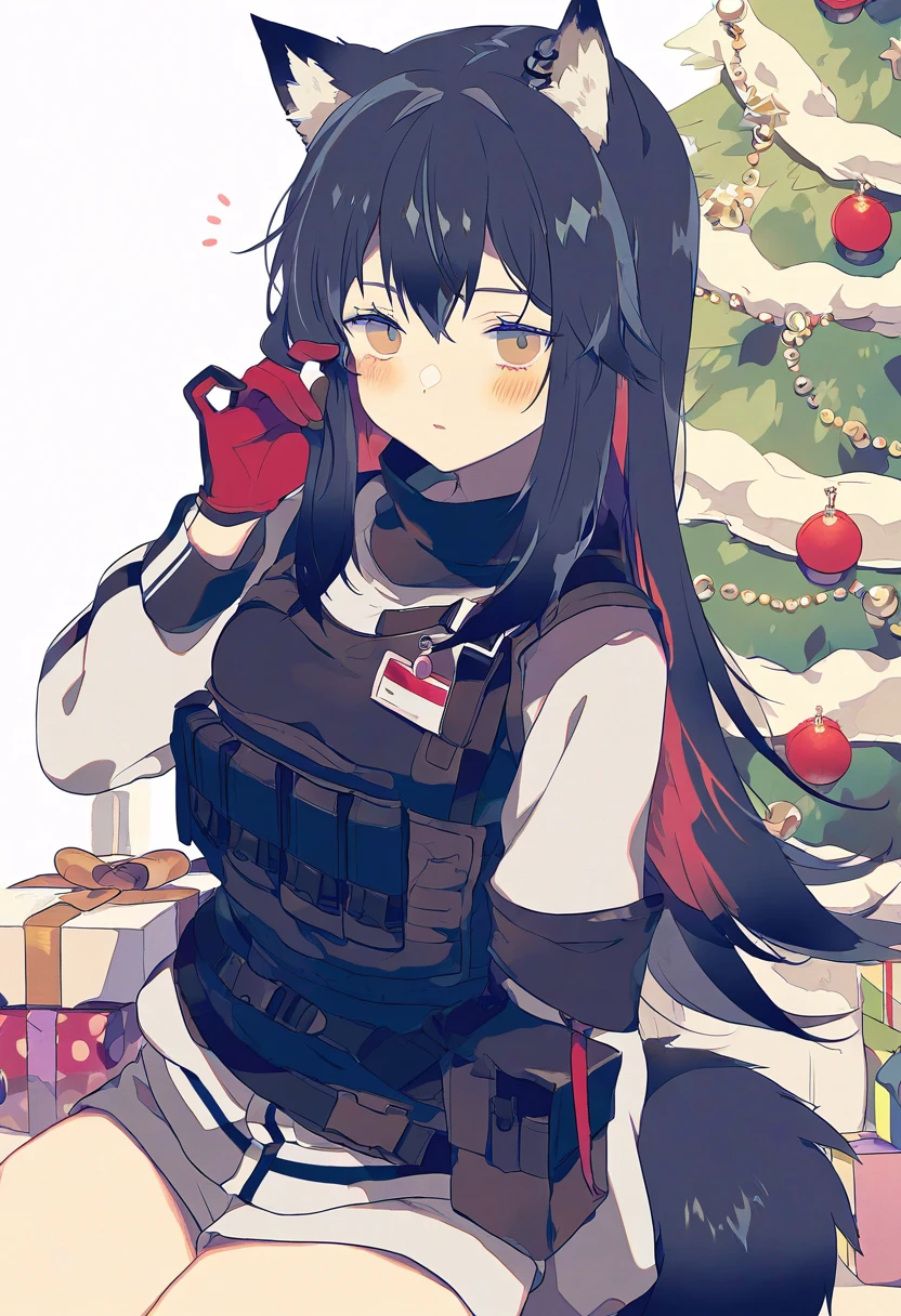 (((yumenouchi chiharu))), - 1girl,texas \(arknights\),arknights,underwear,tactical vest,christmas tree,christmas ornaments,