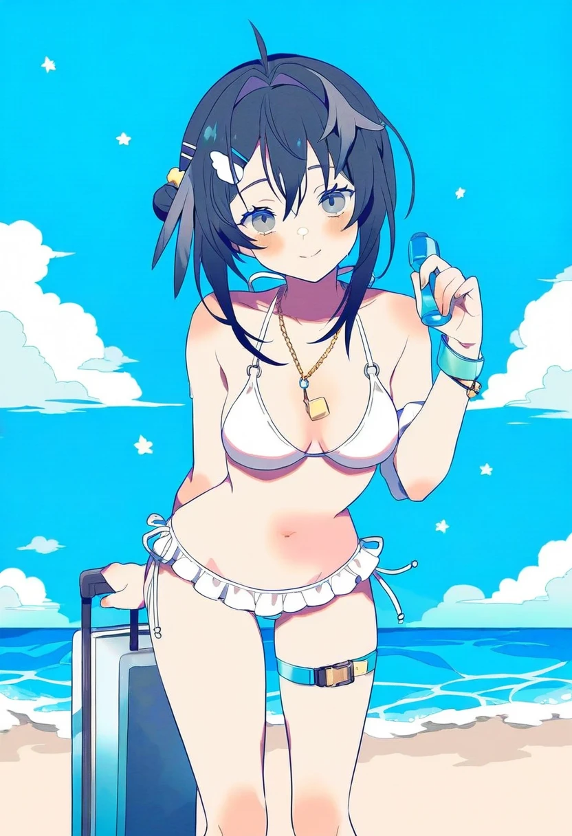 (((yumenouchi chiharu))), - 1girl,la pluma \(summer flowers\) \(arknights\),arknights,white bikini,outdoors,navel,day,sky,blue sky,beach,suitcase,looking at viewer,ocean,low-tied long hair,leaning forward,standing,holding,frills,hand up,bare shoulders,floating hair,