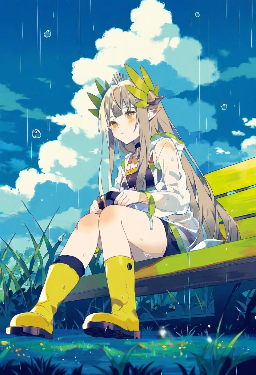 (((yumenouchi chiharu))), - 1girl,muelsyse \(arknights\),arknights,cloudy sky,grass,on bench,outdoors,rain,road,yellow rubber boots,see-through coat,sitting,transparent raincoat,water drop,