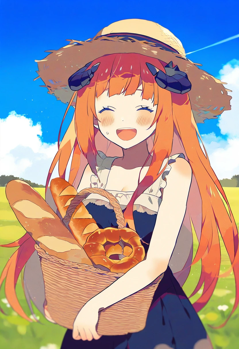 (((yumenouchi chiharu))), - 1girl,bagpipe \(arknights\),arknights,baguette,blush,bread,croissant,holding basket,pretzel,upper body,straw hat,field,sky,laughing,sweat,sunlight,