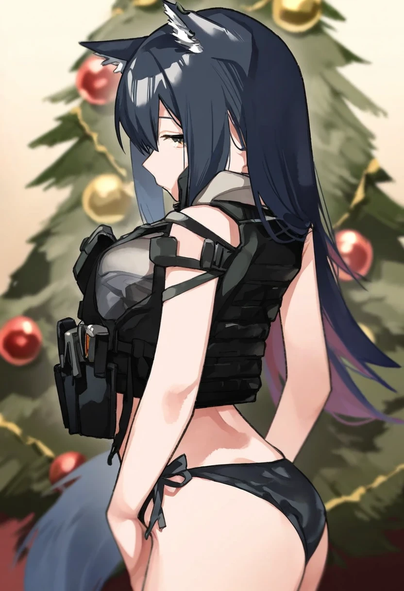 (((muchi maro \(artist\)))), - 1girl,texas \(arknights\),arknights,underwear,tactical vest,christmas tree,christmas ornaments,