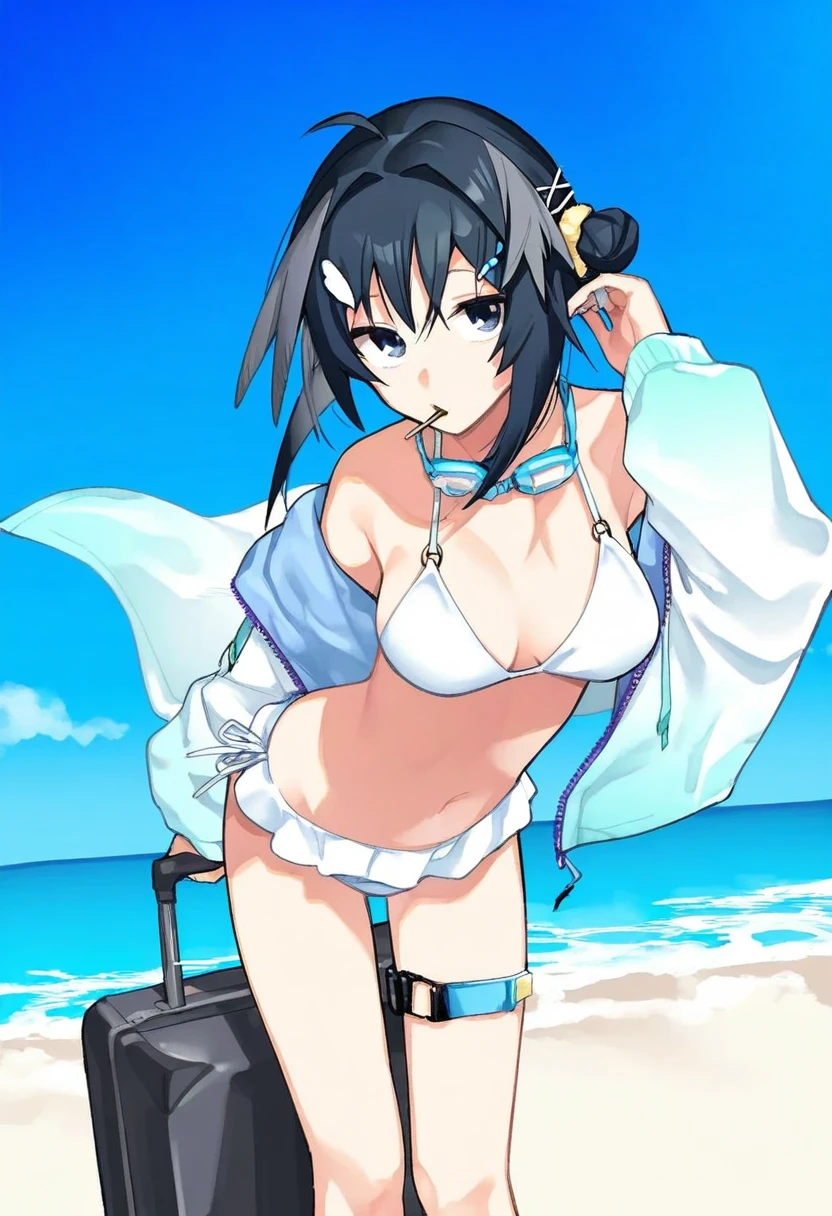 (((muchi maro \(artist\)))), - 1girl,la pluma \(summer flowers\) \(arknights\),arknights,white bikini,outdoors,navel,day,sky,blue sky,beach,suitcase,looking at viewer,ocean,low-tied long hair,leaning forward,standing,holding,frills,hand up,bare shoulders,floating hair,
