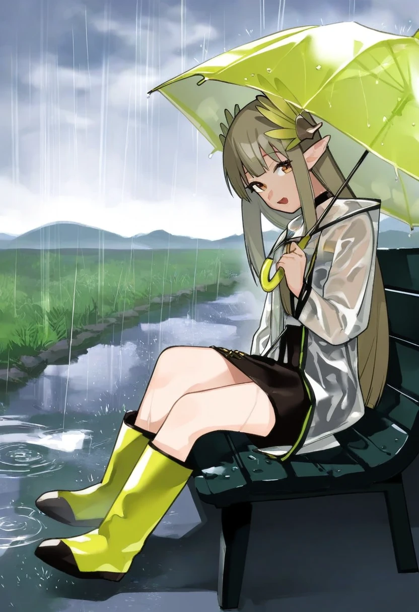 (((muchi maro \(artist\)))), - 1girl,muelsyse \(arknights\),arknights,cloudy sky,grass,on bench,outdoors,rain,road,yellow rubber boots,see-through coat,sitting,transparent raincoat,water drop,