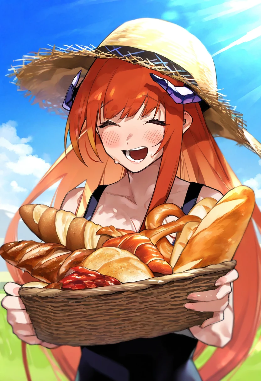 (((muchi maro \(artist\)))), - 1girl,bagpipe \(arknights\),arknights,baguette,blush,bread,croissant,holding basket,pretzel,upper body,straw hat,field,sky,laughing,sweat,sunlight,