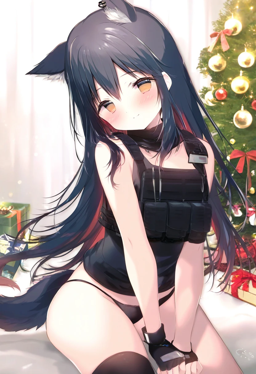 shiratama \(shiratamaco\), - 1girl,texas \(arknights\),arknights,underwear,tactical vest,christmas tree,christmas ornaments,