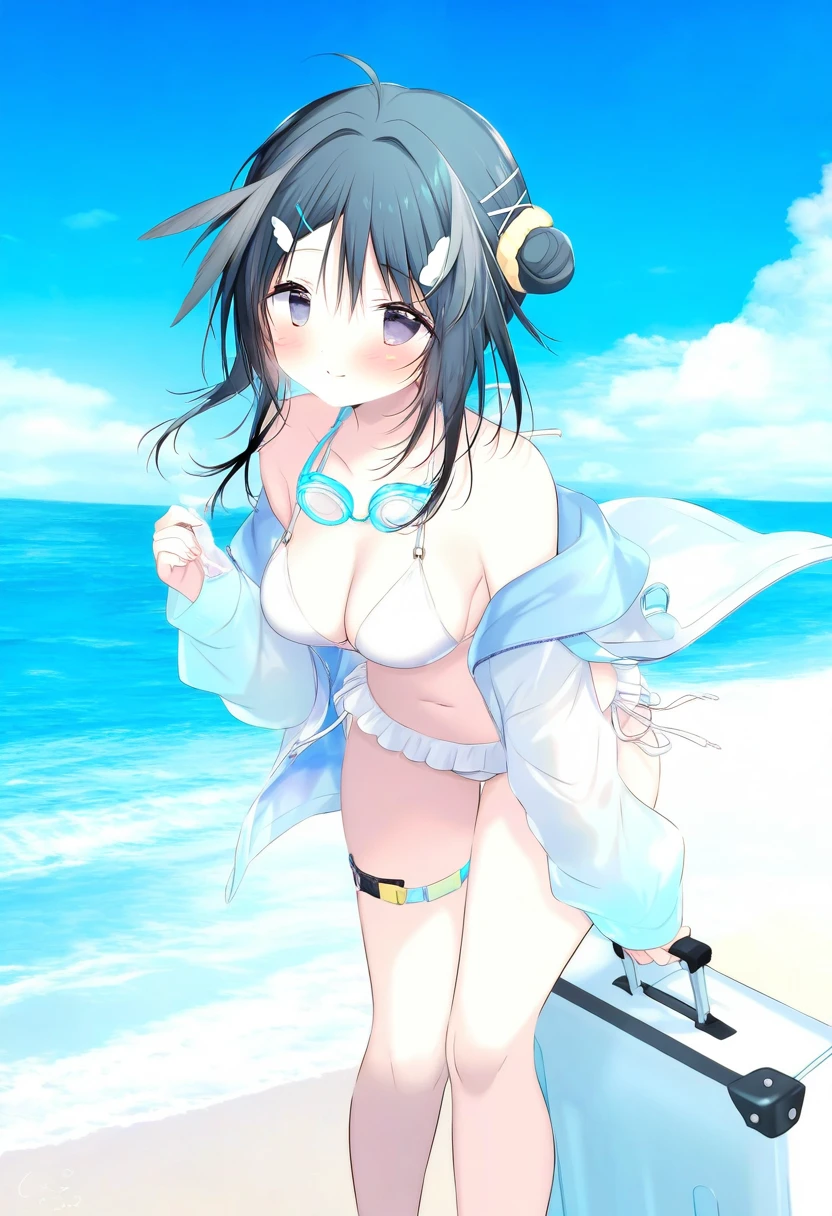 shiratama \(shiratamaco\), - 1girl,la pluma \(summer flowers\) \(arknights\),arknights,white bikini,outdoors,navel,day,sky,blue sky,beach,suitcase,looking at viewer,ocean,low-tied long hair,leaning forward,standing,holding,frills,hand up,bare shoulders,floating hair,