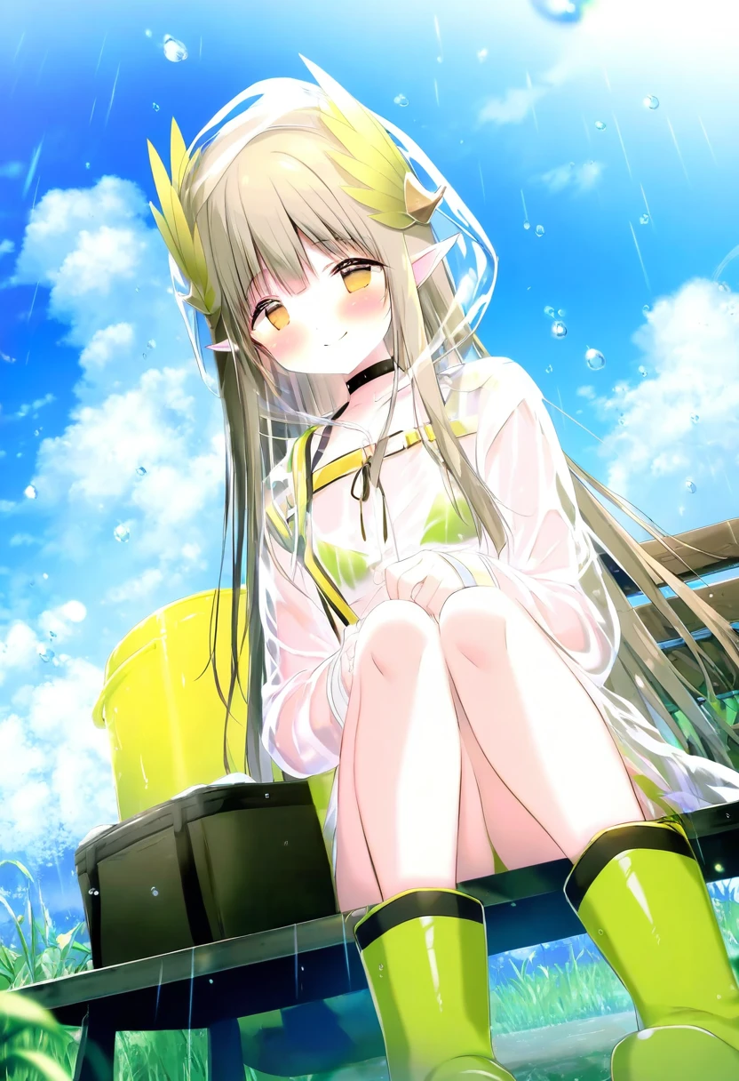 shiratama \(shiratamaco\), - 1girl,muelsyse \(arknights\),arknights,cloudy sky,grass,on bench,outdoors,rain,road,yellow rubber boots,see-through coat,sitting,transparent raincoat,water drop,
