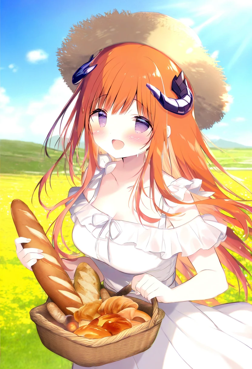 shiratama \(shiratamaco\), - 1girl,bagpipe \(arknights\),arknights,baguette,blush,bread,croissant,holding basket,pretzel,upper body,straw hat,field,sky,laughing,sweat,sunlight,