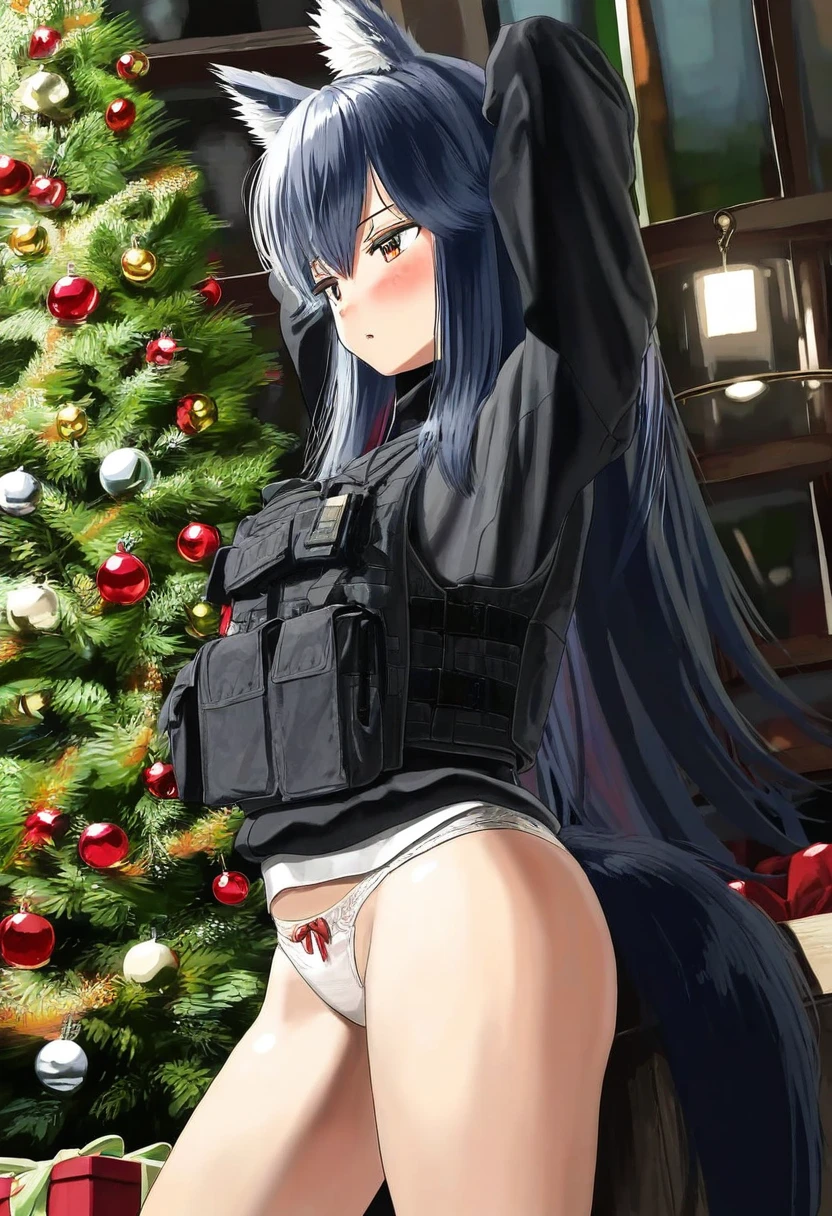 itou tatsuya, - 1girl,texas \(arknights\),arknights,underwear,tactical vest,christmas tree,christmas ornaments,