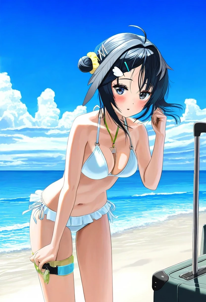 itou tatsuya, - 1girl,la pluma \(summer flowers\) \(arknights\),arknights,white bikini,outdoors,navel,day,sky,blue sky,beach,suitcase,looking at viewer,ocean,low-tied long hair,leaning forward,standing,holding,frills,hand up,bare shoulders,floating hair,