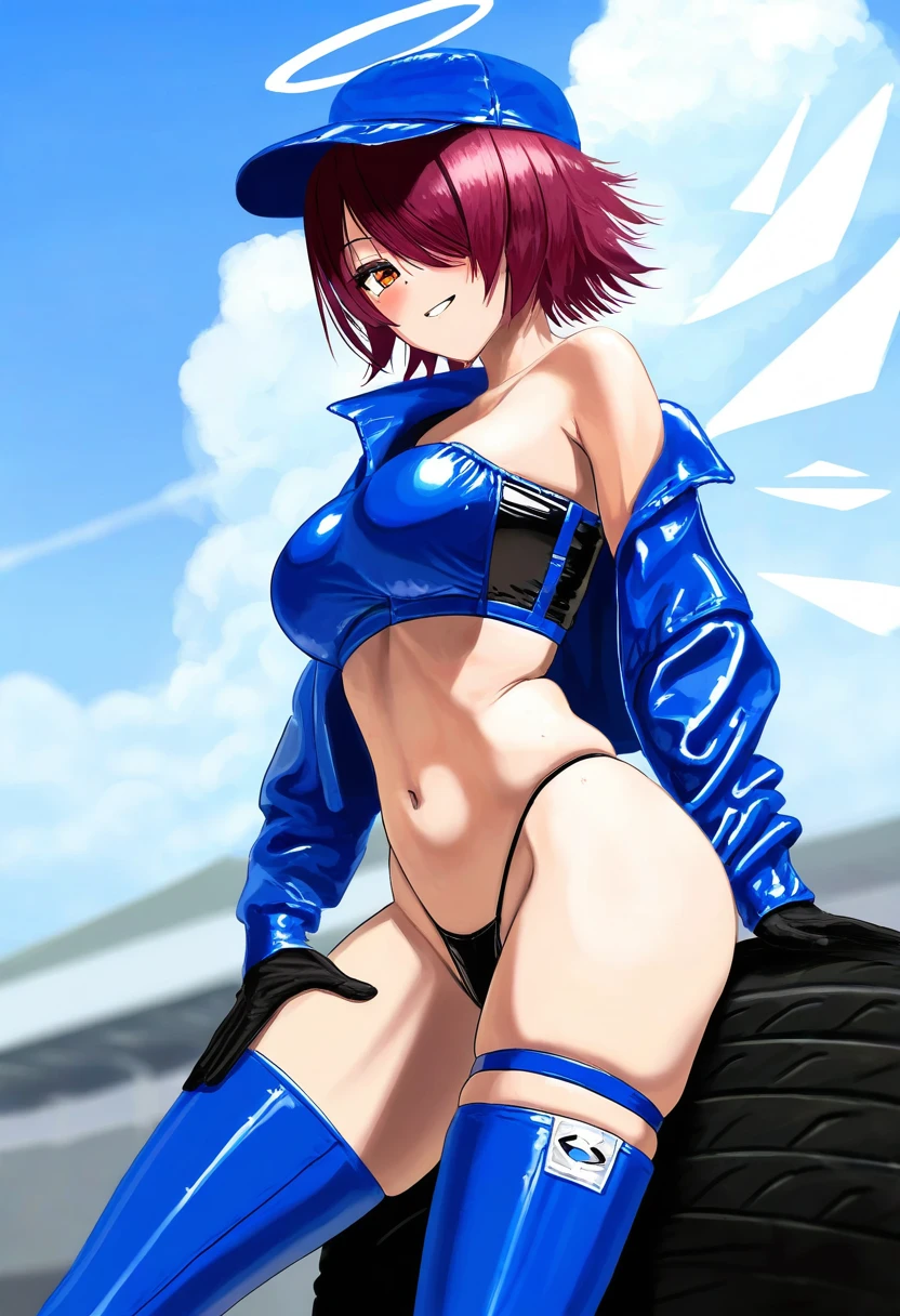 itou tatsuya, - 1girl,exusiai \(arknights\),arknights,black gloves,black panties,blue thigh boots,blue hat,blue jacket,long sleeves,race queen,thigh strap,thong,single bare shoulder,skindentation,tire,