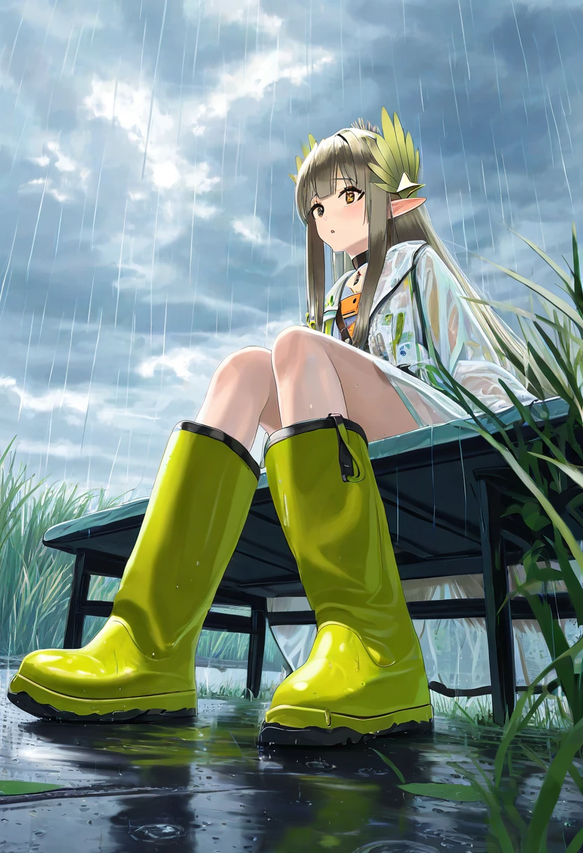 itou tatsuya, - 1girl,muelsyse \(arknights\),arknights,cloudy sky,grass,on bench,outdoors,rain,road,yellow rubber boots,see-through coat,sitting,transparent raincoat,water drop,