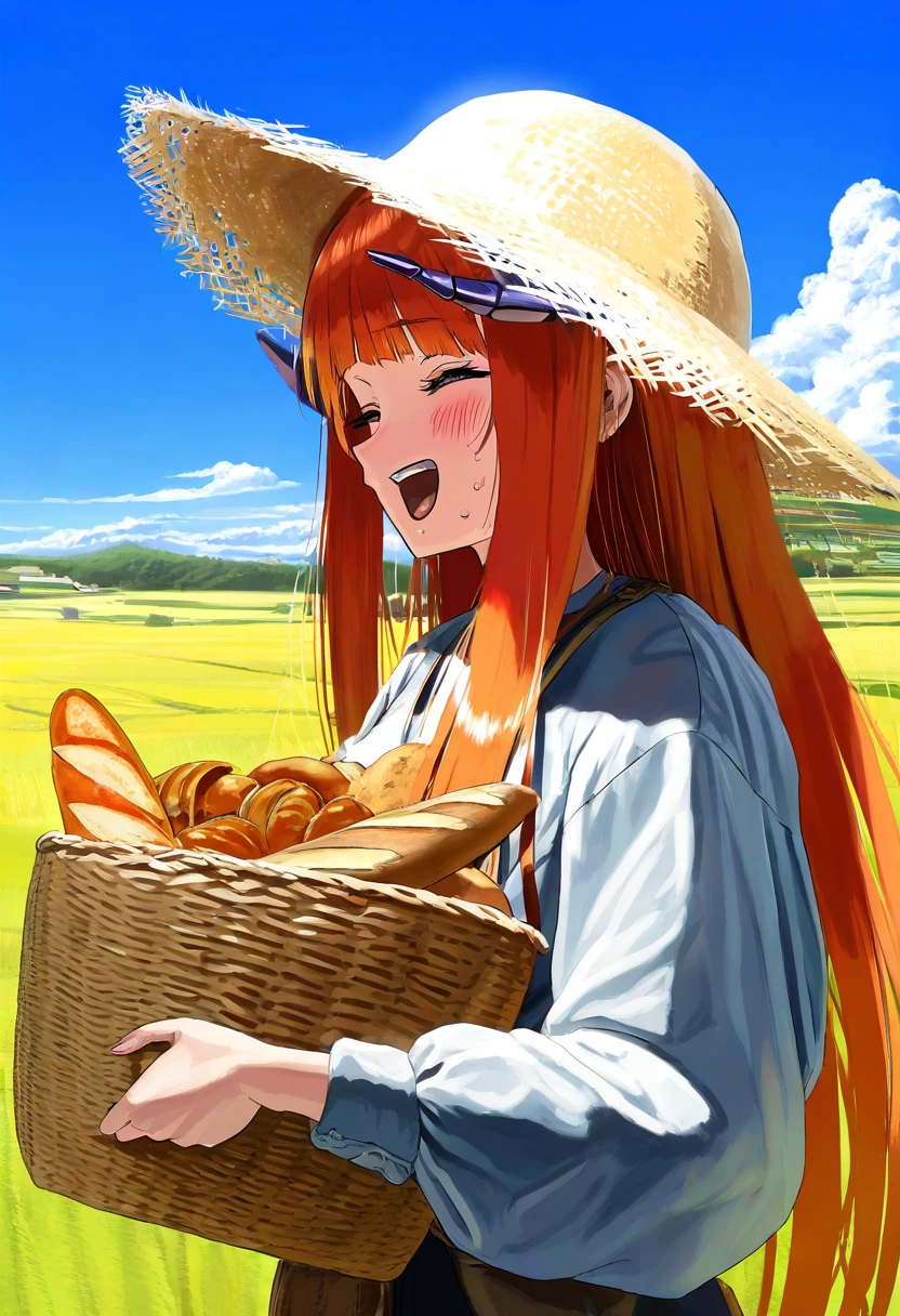itou tatsuya, - 1girl,bagpipe \(arknights\),arknights,baguette,blush,bread,croissant,holding basket,pretzel,upper body,straw hat,field,sky,laughing,sweat,sunlight,