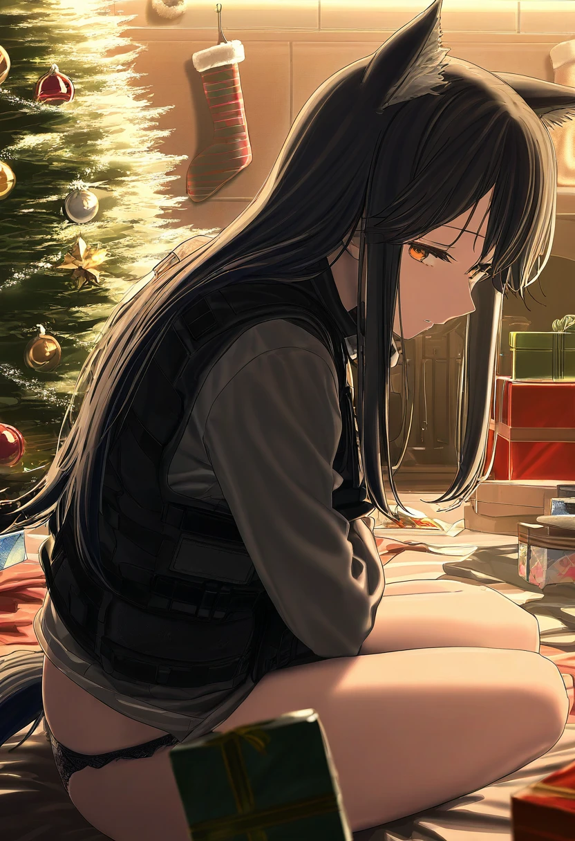 ((himura kiseki)), - 1girl,texas \(arknights\),arknights,underwear,tactical vest,christmas tree,christmas ornaments,