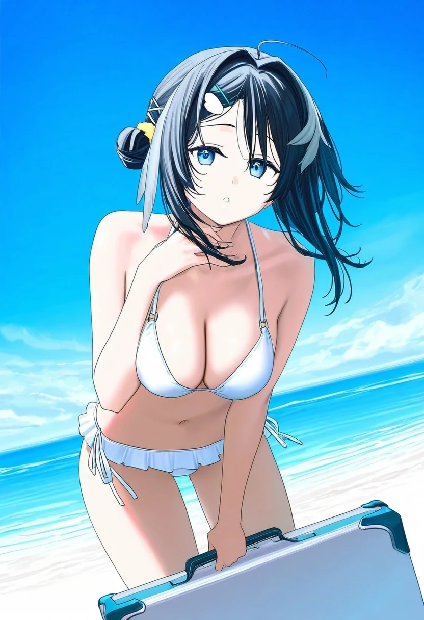 ((himura kiseki)), - 1girl,la pluma \(summer flowers\) \(arknights\),arknights,white bikini,outdoors,navel,day,sky,blue sky,beach,suitcase,looking at viewer,ocean,low-tied long hair,leaning forward,standing,holding,frills,hand up,bare shoulders,floating hair,