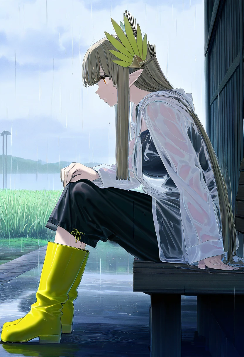 ((himura kiseki)), - 1girl,muelsyse \(arknights\),arknights,cloudy sky,grass,on bench,outdoors,rain,road,yellow rubber boots,see-through coat,sitting,transparent raincoat,water drop,