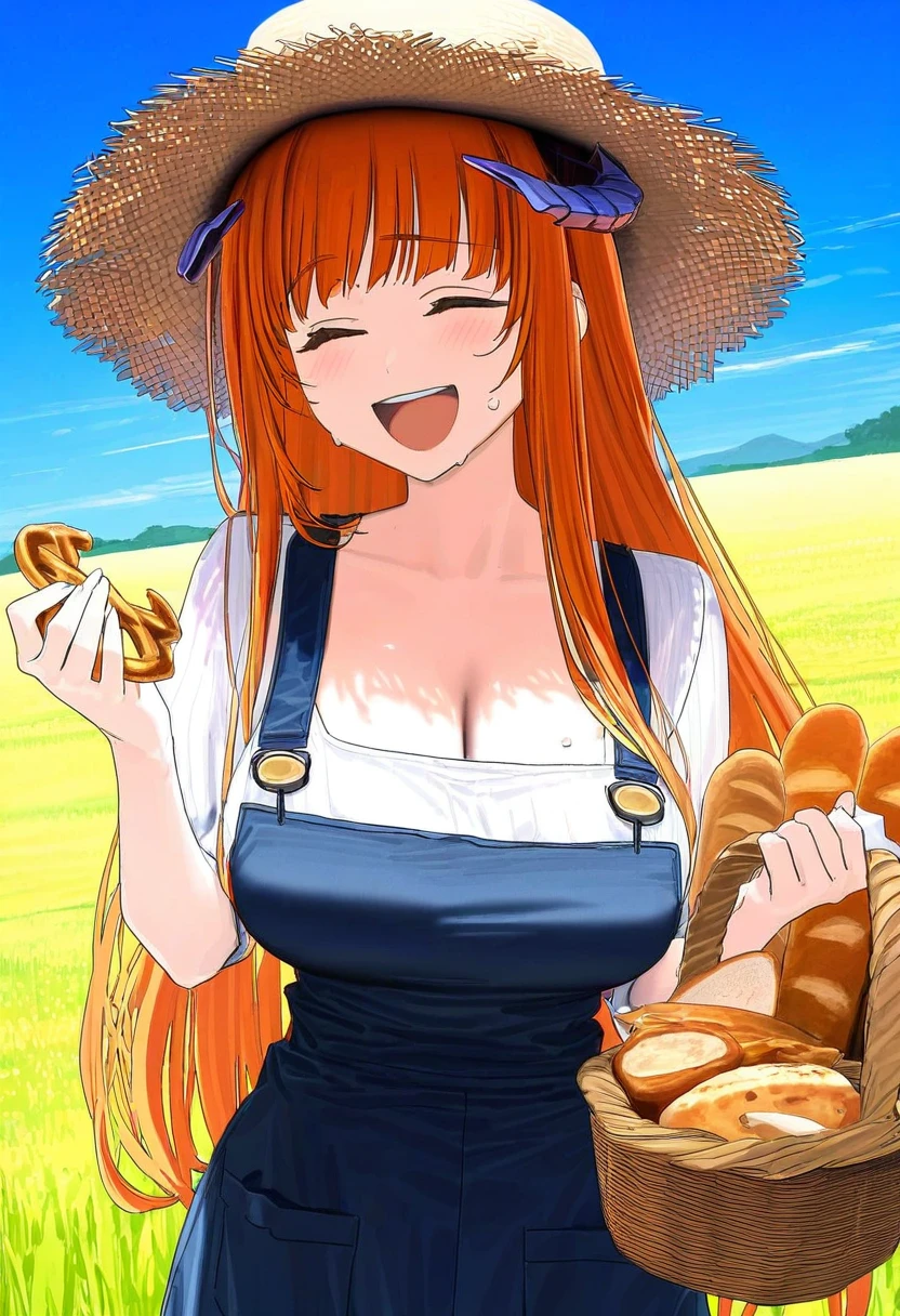 ((himura kiseki)), - 1girl,bagpipe \(arknights\),arknights,baguette,blush,bread,croissant,holding basket,pretzel,upper body,straw hat,field,sky,laughing,sweat,sunlight,
