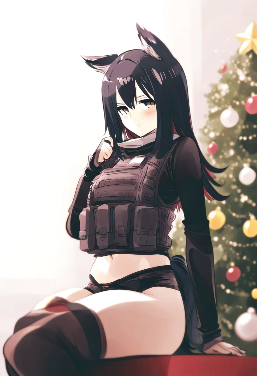 ((ishiyumi)), - 1girl,texas \(arknights\),arknights,underwear,tactical vest,christmas tree,christmas ornaments,