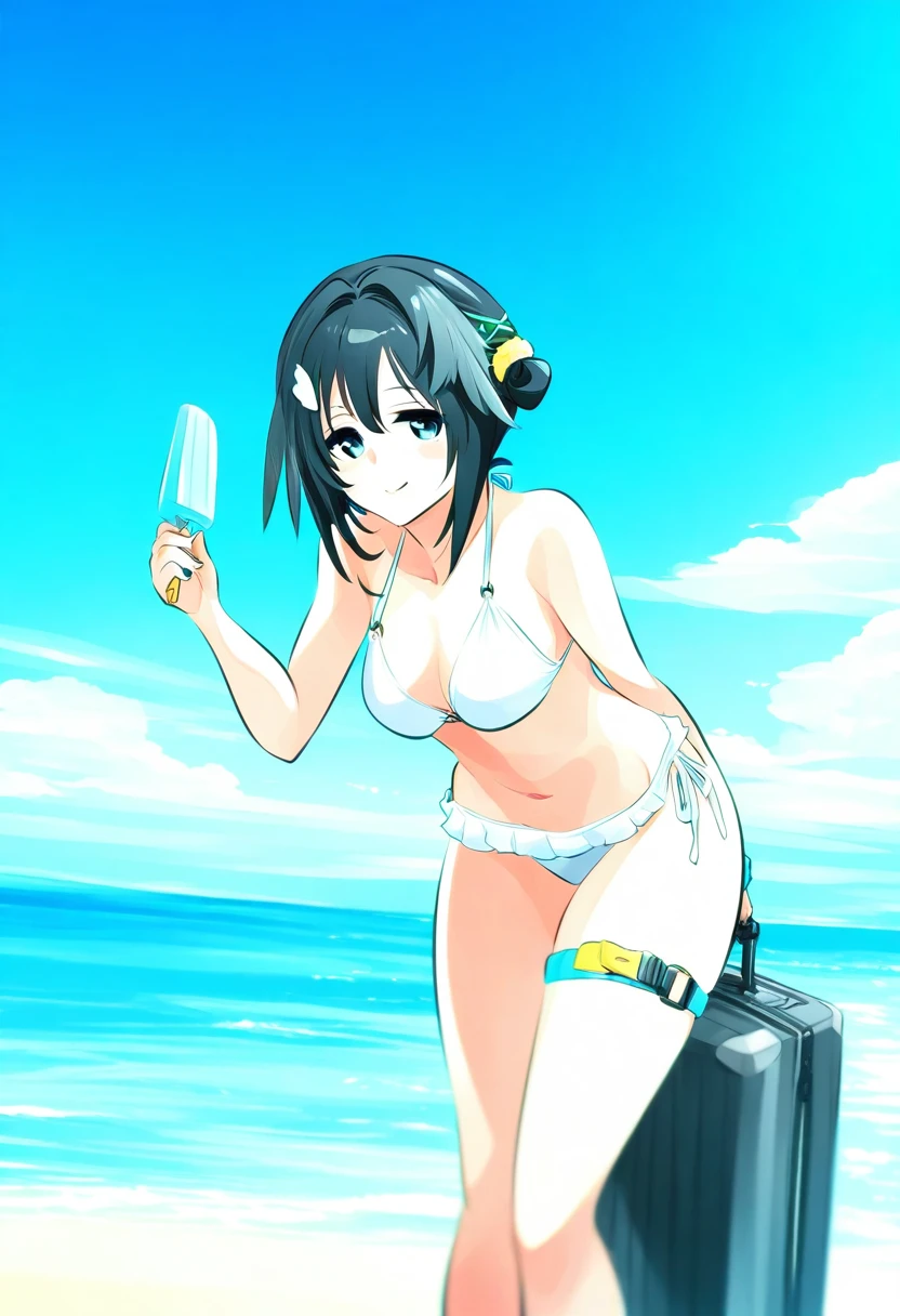 ((ishiyumi)), - 1girl,la pluma \(summer flowers\) \(arknights\),arknights,white bikini,outdoors,navel,day,sky,blue sky,beach,suitcase,looking at viewer,ocean,low-tied long hair,leaning forward,standing,holding,frills,hand up,bare shoulders,floating hair,