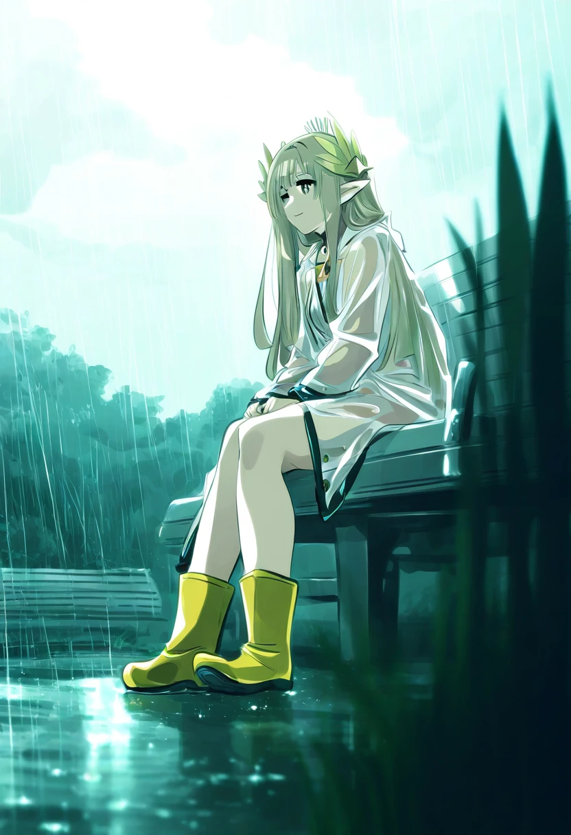 ((ishiyumi)), - 1girl,muelsyse \(arknights\),arknights,cloudy sky,grass,on bench,outdoors,rain,road,yellow rubber boots,see-through coat,sitting,transparent raincoat,water drop,