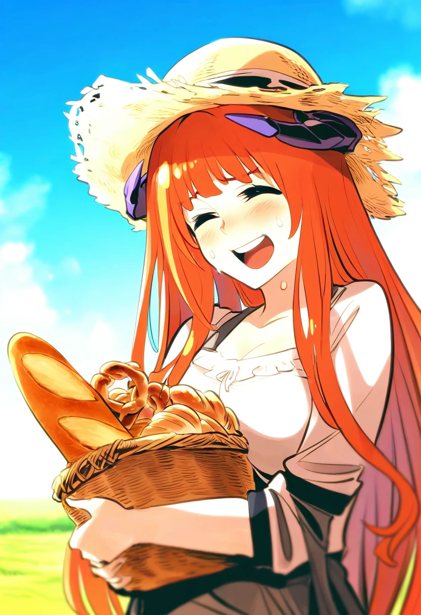 ((ishiyumi)), - 1girl,bagpipe \(arknights\),arknights,baguette,blush,bread,croissant,holding basket,pretzel,upper body,straw hat,field,sky,laughing,sweat,sunlight,