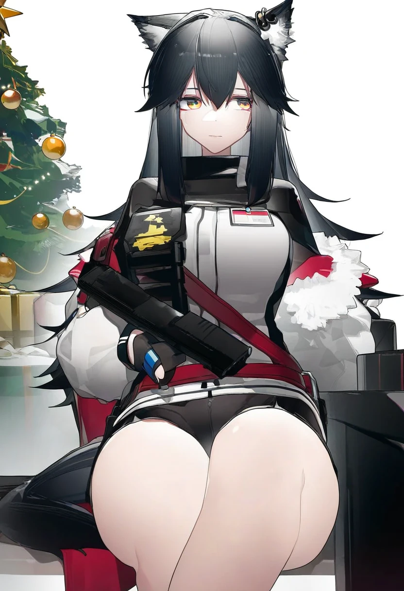 (yushe quetzalli), - 1girl,texas \(arknights\),arknights,underwear,tactical vest,christmas tree,christmas ornaments,