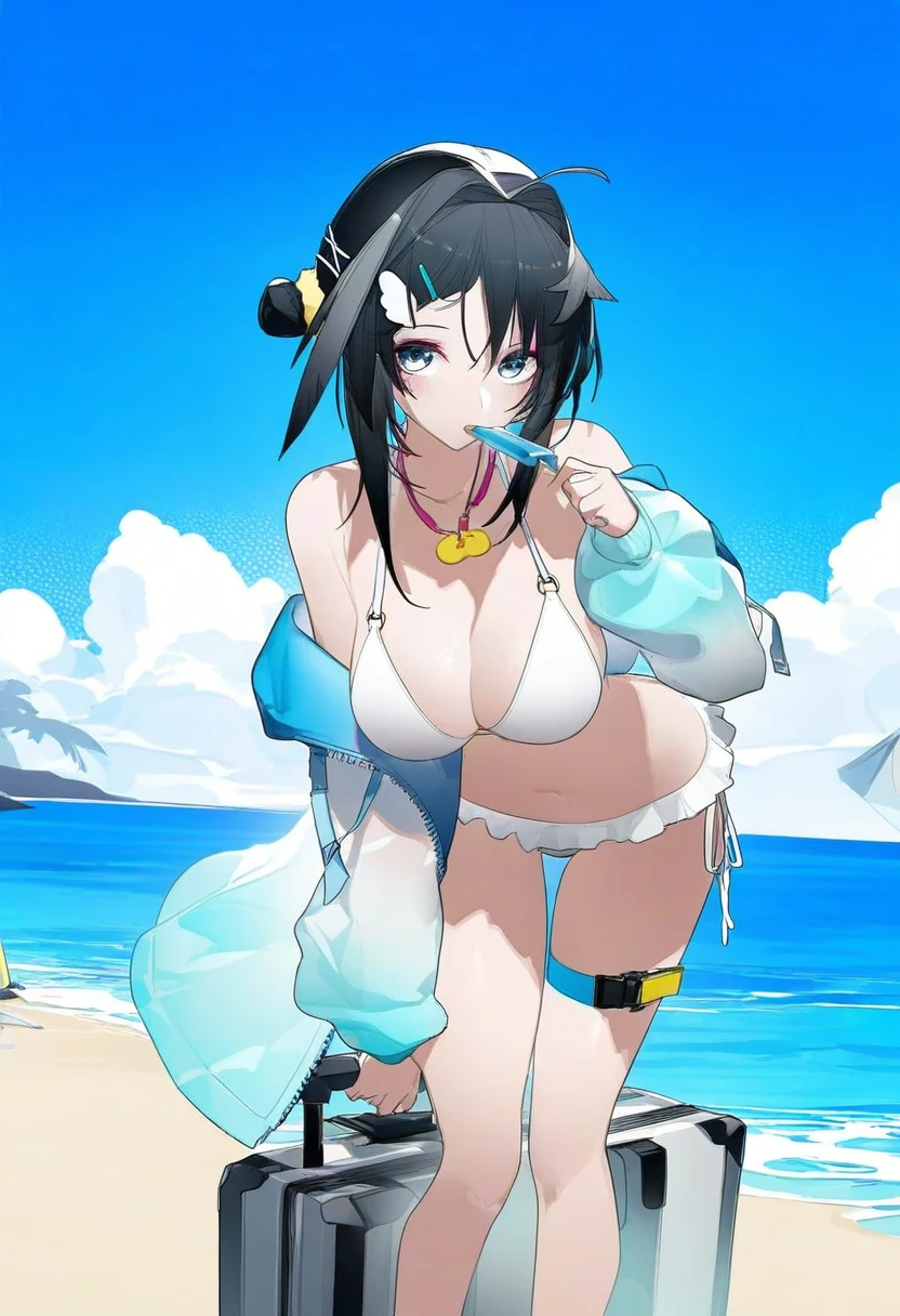 (yushe quetzalli), - 1girl,la pluma \(summer flowers\) \(arknights\),arknights,white bikini,outdoors,navel,day,sky,blue sky,beach,suitcase,looking at viewer,ocean,low-tied long hair,leaning forward,standing,holding,frills,hand up,bare shoulders,floating hair,