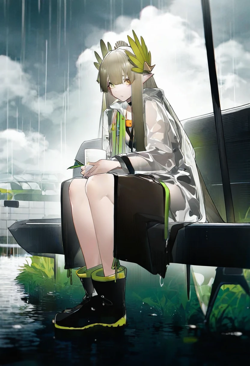 (yushe quetzalli), - 1girl,muelsyse \(arknights\),arknights,cloudy sky,grass,on bench,outdoors,rain,road,yellow rubber boots,see-through coat,sitting,transparent raincoat,water drop,