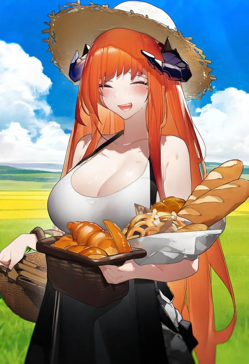 (yushe quetzalli), - 1girl,bagpipe \(arknights\),arknights,baguette,blush,bread,croissant,holding basket,pretzel,upper body,straw hat,field,sky,laughing,sweat,sunlight,